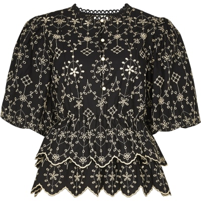 Black broderie trim detail blouse