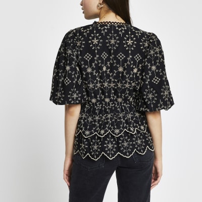 Black broderie trim detail blouse