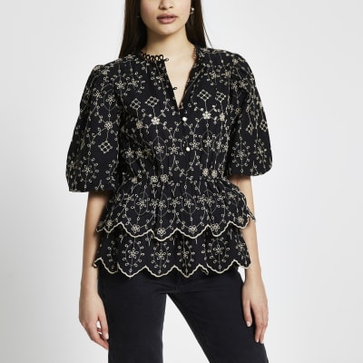 Black broderie trim detail blouse