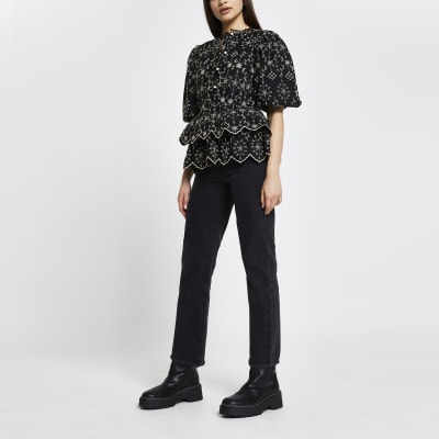 Black broderie trim detail blouse