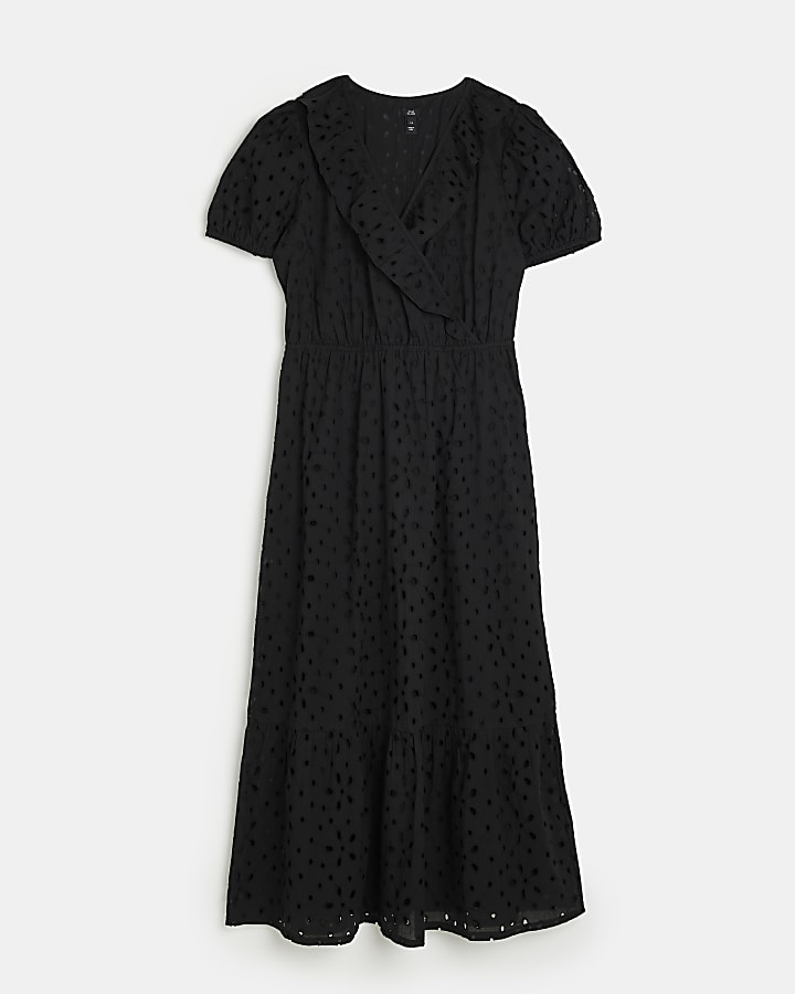 Black Broderie Wrap Midi Dress