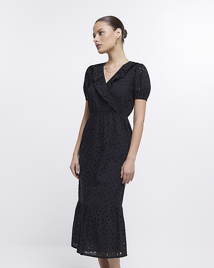Black Broderie Wrap Midi Dress