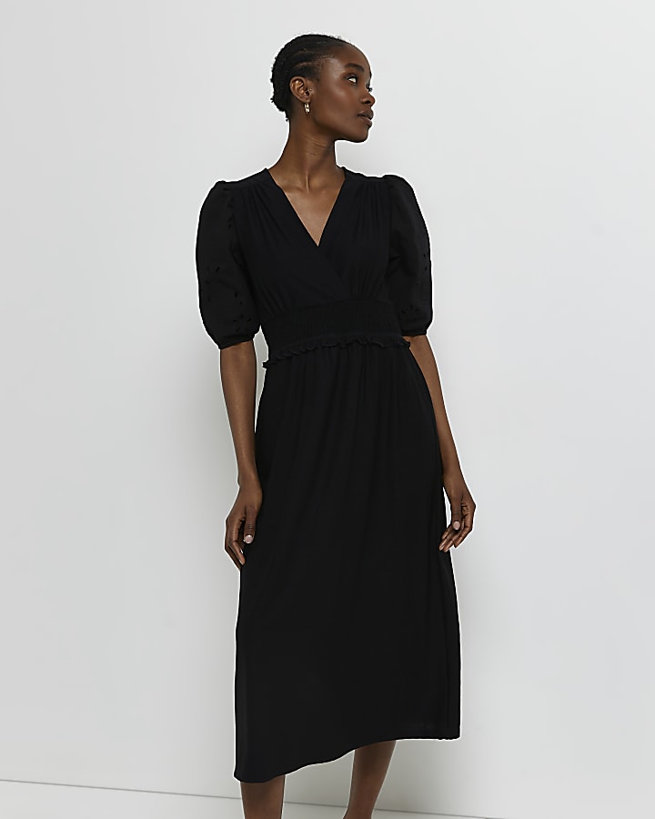 Black broiderie smock midi dress