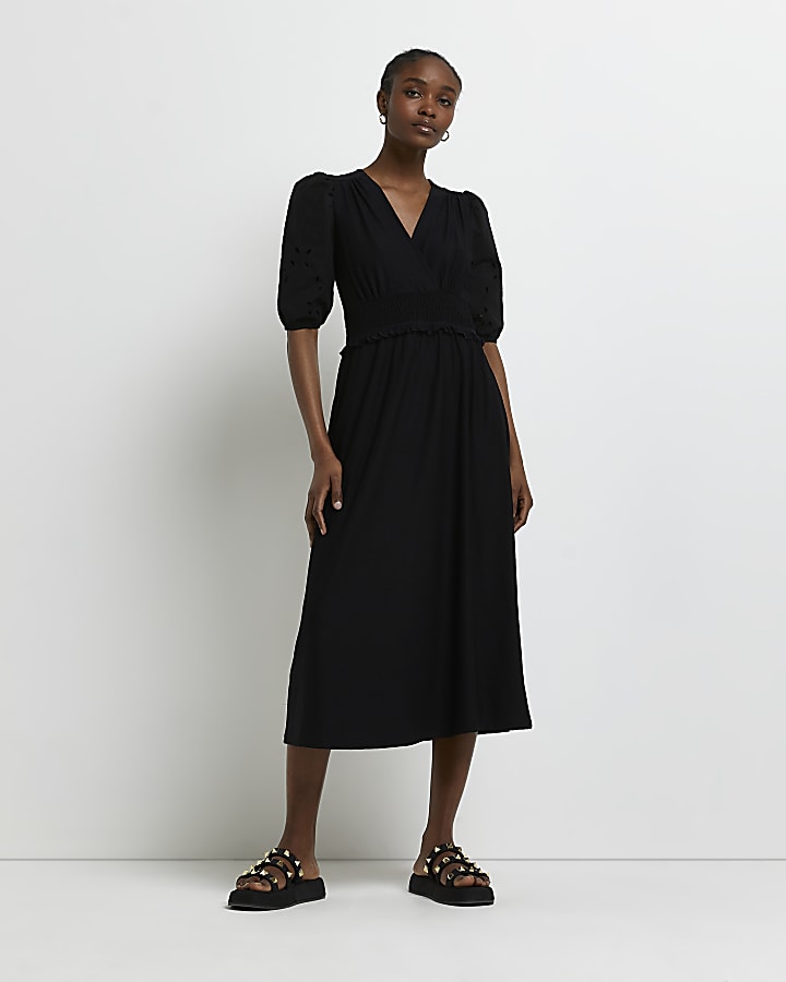 Black broiderie smock midi dress