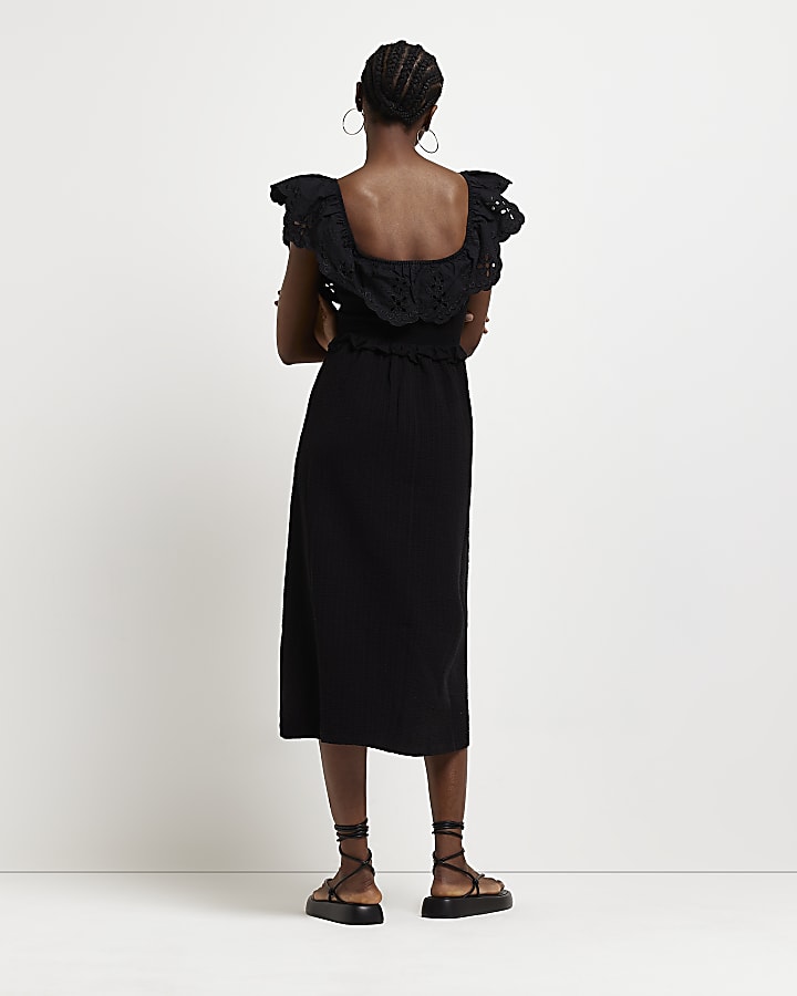 Black broidery smock midi dress