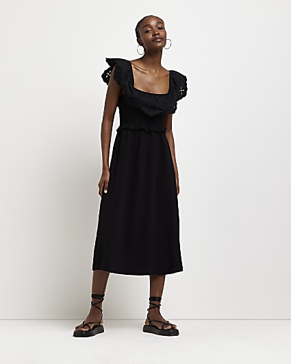 Black broidery smock midi dress