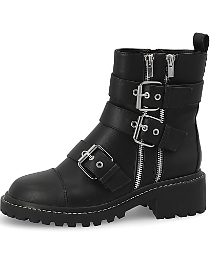 360 degree animation of product Black buckle chunky biker boots frame-2