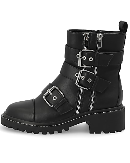360 degree animation of product Black buckle chunky biker boots frame-3
