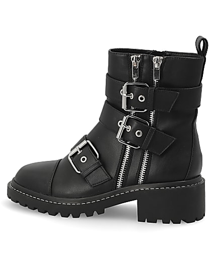 360 degree animation of product Black buckle chunky biker boots frame-4