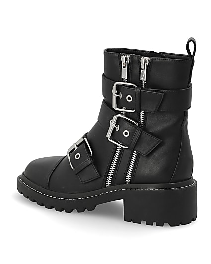 360 degree animation of product Black buckle chunky biker boots frame-5
