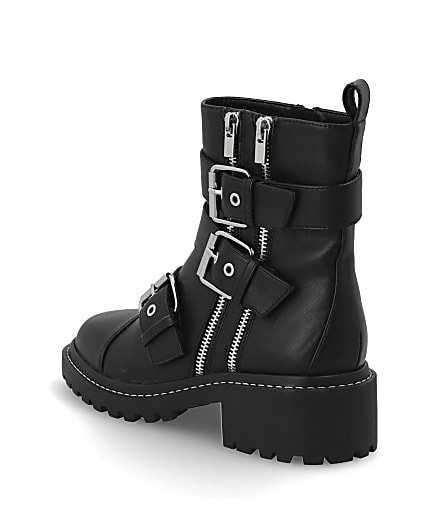 360 degree animation of product Black buckle chunky biker boots frame-6