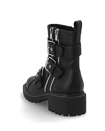 360 degree animation of product Black buckle chunky biker boots frame-7