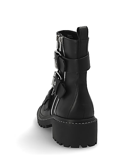 360 degree animation of product Black buckle chunky biker boots frame-8