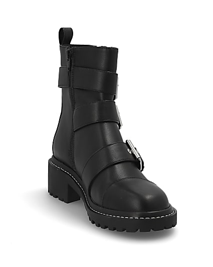 360 degree animation of product Black buckle chunky biker boots frame-19