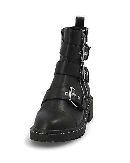 360 degree animation of product Black buckle chunky biker boots frame-22