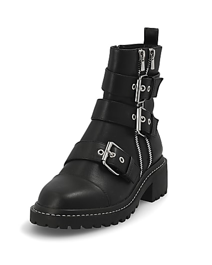 360 degree animation of product Black buckle chunky biker boots frame-23