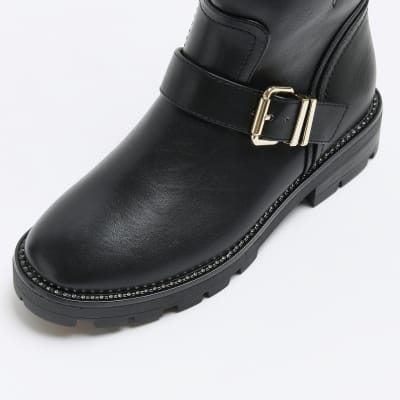 Black Buckle Detail Biker Boots River Island