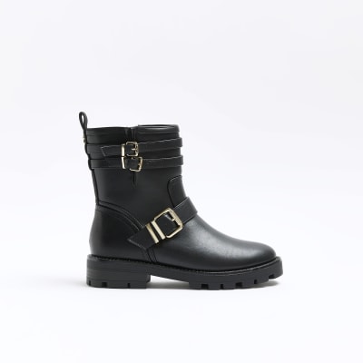 Black buckle detail biker boots | River Island