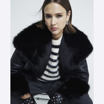 River island aviator jacket with faux fur lining in black clearance