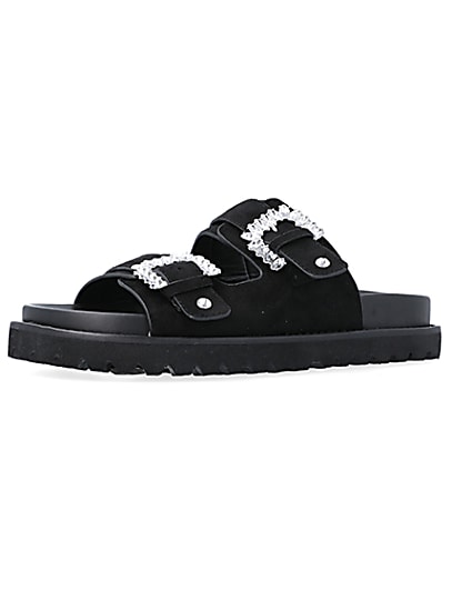 360 degree animation of product Black Buckle Flat Sandals frame-1