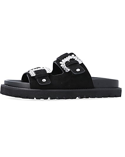 360 degree animation of product Black Buckle Flat Sandals frame-2