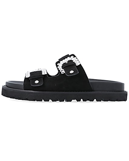 360 degree animation of product Black Buckle Flat Sandals frame-3