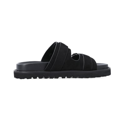 360 degree animation of product Black Buckle Flat Sandals frame-14