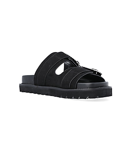 360 degree animation of product Black Buckle Flat Sandals frame-18