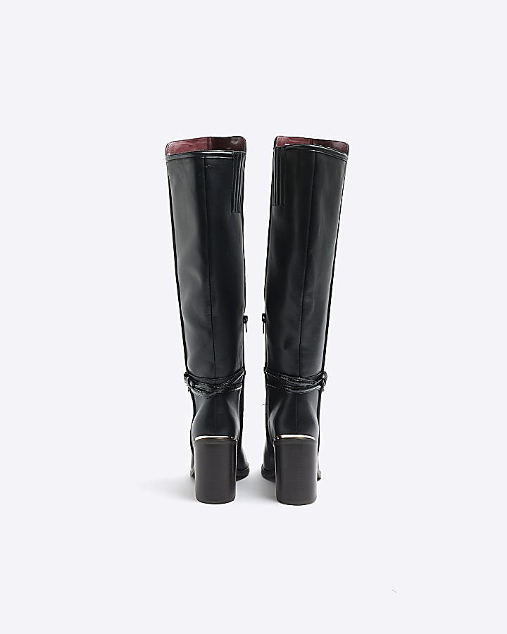 Black buckle high leg heeled boots