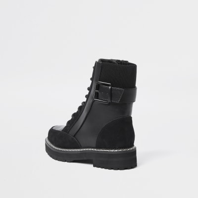 Black buckle lace up boots