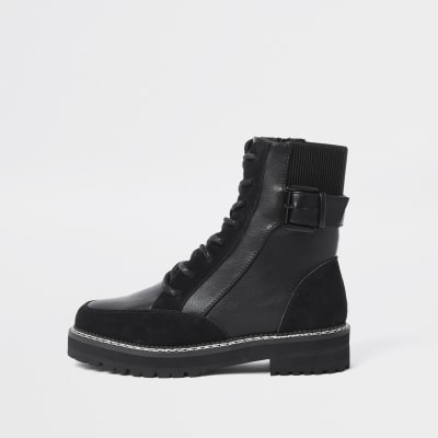 Black buckle lace up boots