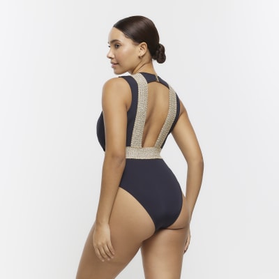 Black buckle plunge swimsuit River Island