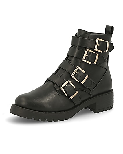 360 degree animation of product Black buckle strap chunky ankle boots frame-1
