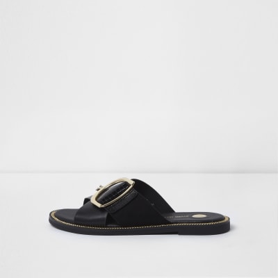 Black buckle strap mule sandals