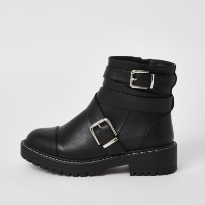 Black buckle strap wide fit chunky boots | River Island