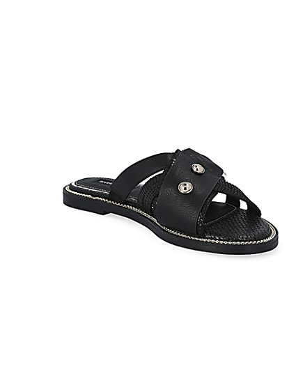 360 degree animation of product Black buckle studded strap Mule sandals frame-18