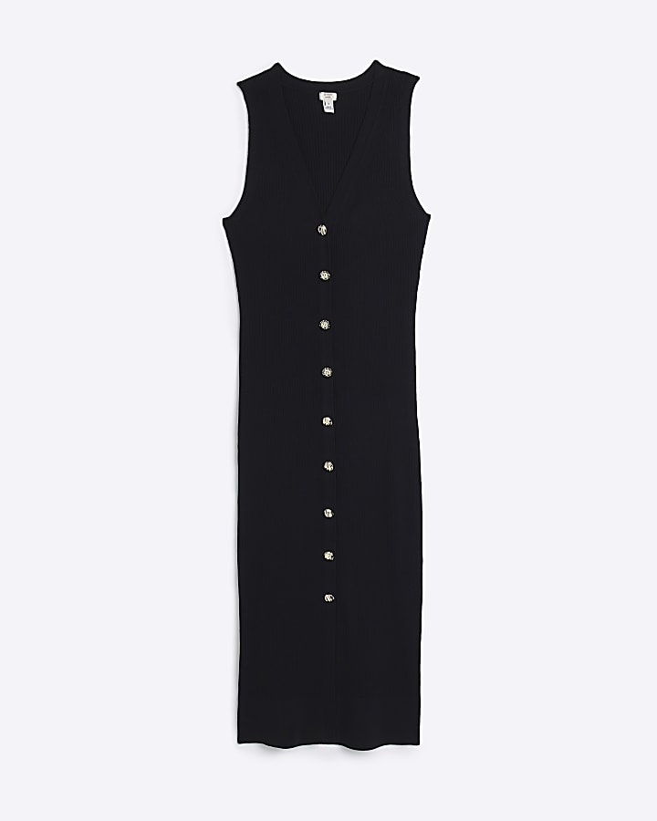 Black Button Bodycon Midi Dress