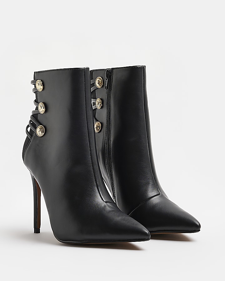 Black button detail heeled boots