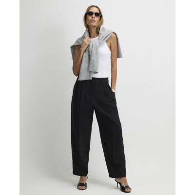 Black Button Front Barrel Leg Trousers