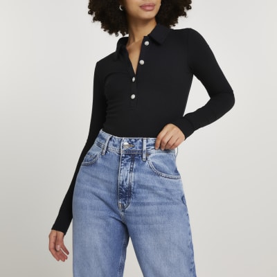Black button front collar bodysuit River Island