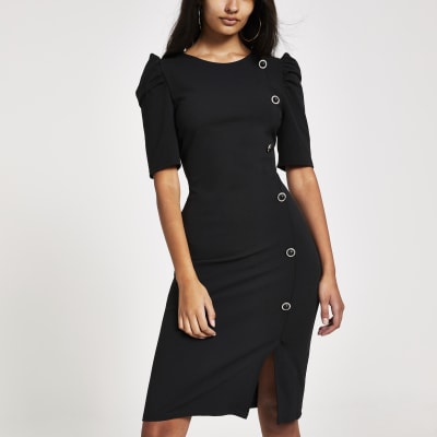 black button front midi dress