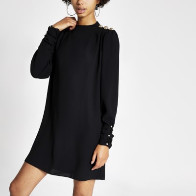 river island black button dress