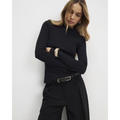 Black Button Shoulder Rib Top