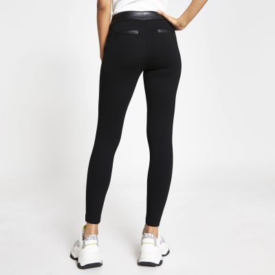 Black button tab skinny ponti trousers