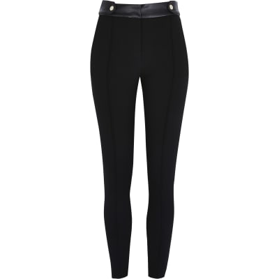 Black button tab skinny ponti trousers