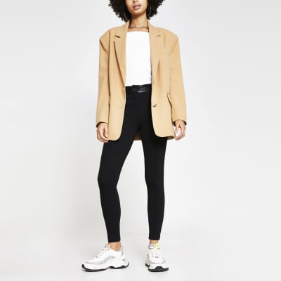 Black button tab skinny ponti trousers