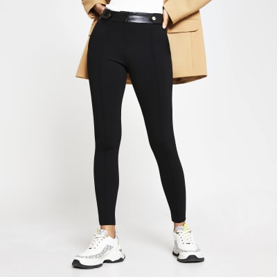 Black button tab skinny ponti trousers