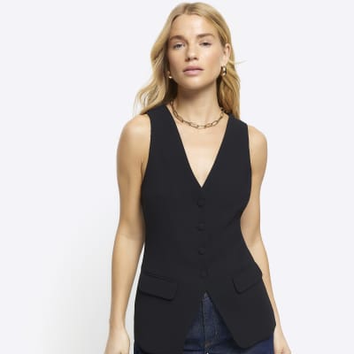 Black button up long waistcoat River Island