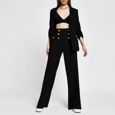 Black button wide leg trousers
