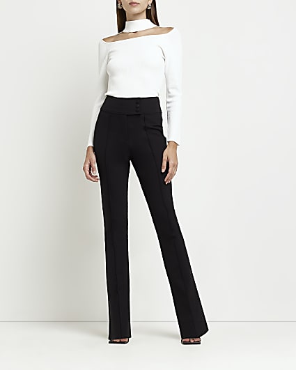 Black buttoned waist flare trousers